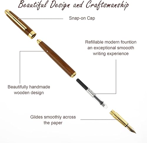 Miniatura 4 de TIESOME Juego de pluma estilográfica de madera de latón, pluma estilográfica de madera de lujo vintage de 0.020 in con 12 cartuchos de tinta de