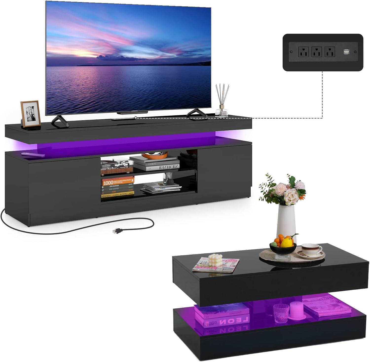 Verano Garden 2-Piece LED High Gloss Living Room Table Set, Includes 63" Modern TV Stand with LED Lights and Power Outlet, 2-Tier LED Coffee Table with 2 Drawes for Living Room, Black