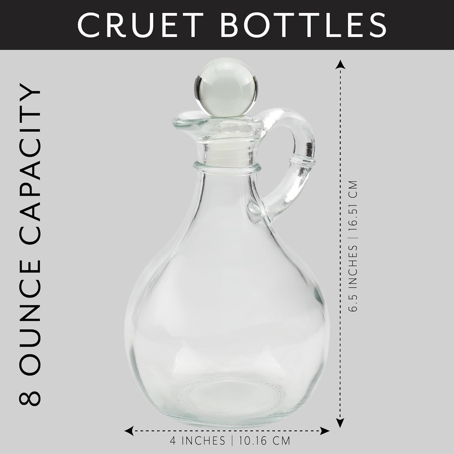 Cornucopia Brands Glass Oil and Vinegar Cruets (Set of 2); 8oz Round Oil Dispensers / Salad Dressing Bottles with Stoppers