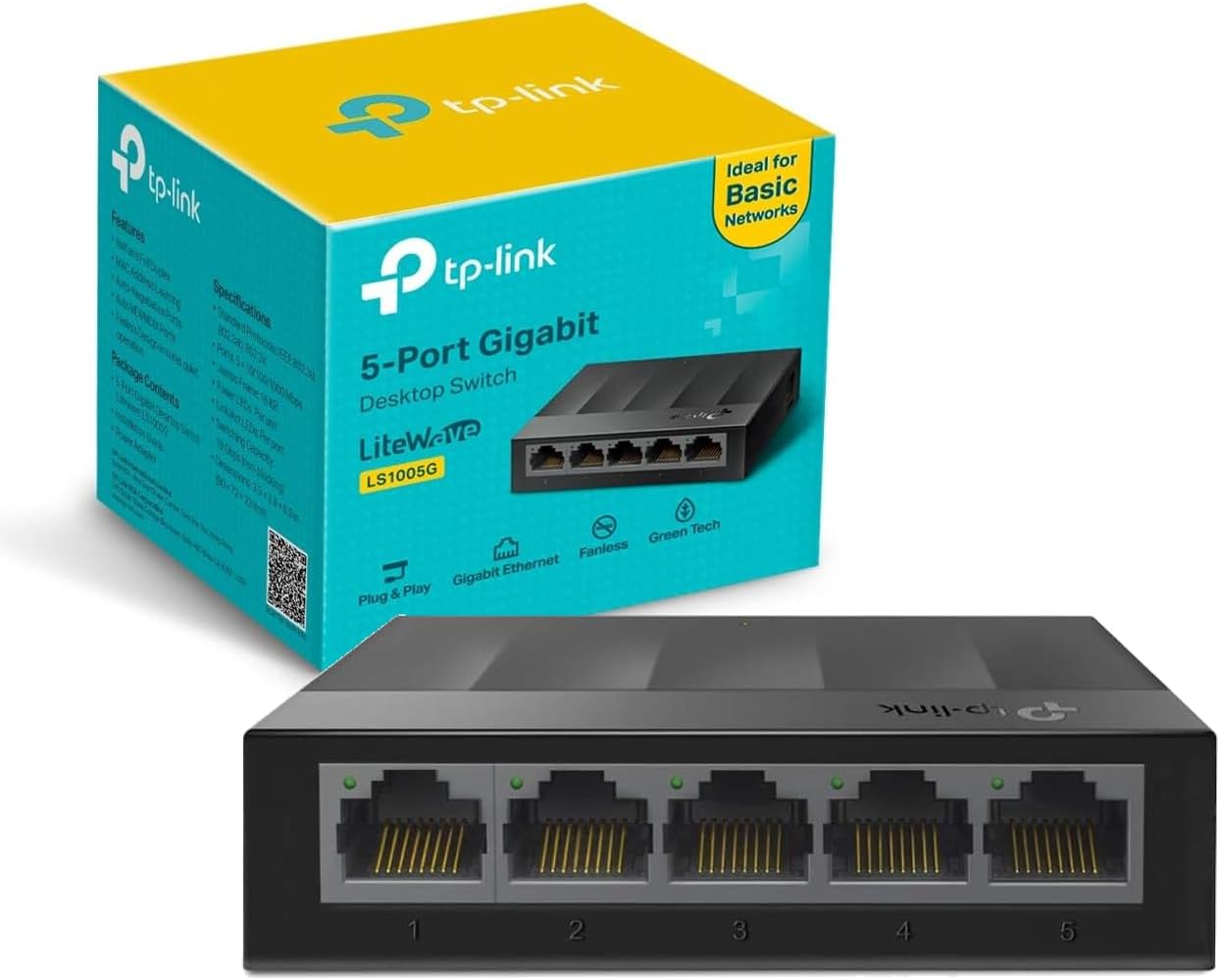 TP-Link LS1005G – 5 Port Gigabit Ethernet Switch (10/100/1000 Mbps), Plug and Play, No Configuration, Low Power Consumption, Quiet and Compact Computers and Smart TVs