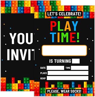 Building Blocks Birthday Invitations for Boys with Envelopes, Invites for Birthday Party Building Blocks, Colorful Building Blocks Birthday Party Invitations Cards, Play Time, 4"x6" Set of 20