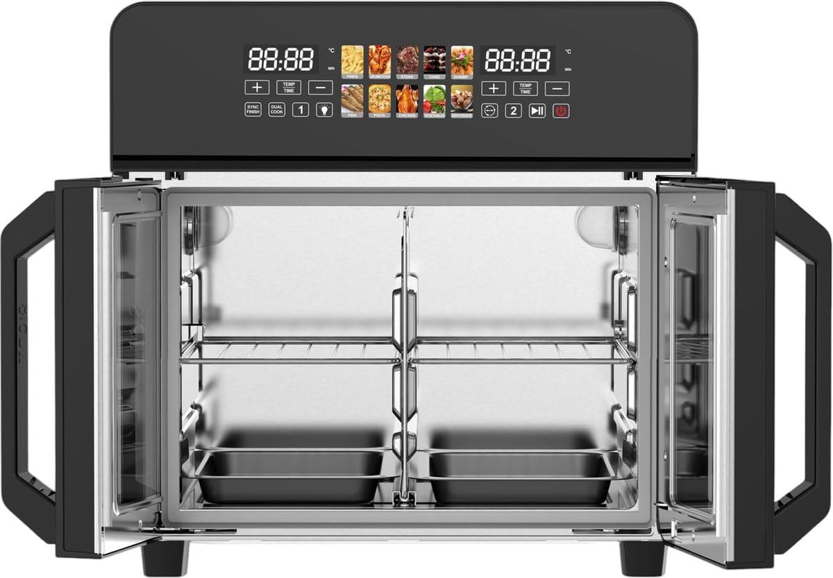 Royal Swiss - Horno eléctrico de aire, aire Fryer XXL de 23 litros, gran capacidad, pantalla LED, 1800 W, aspersión, doble puerta, temporizador y regulador de temperatura, accesorios incluidos