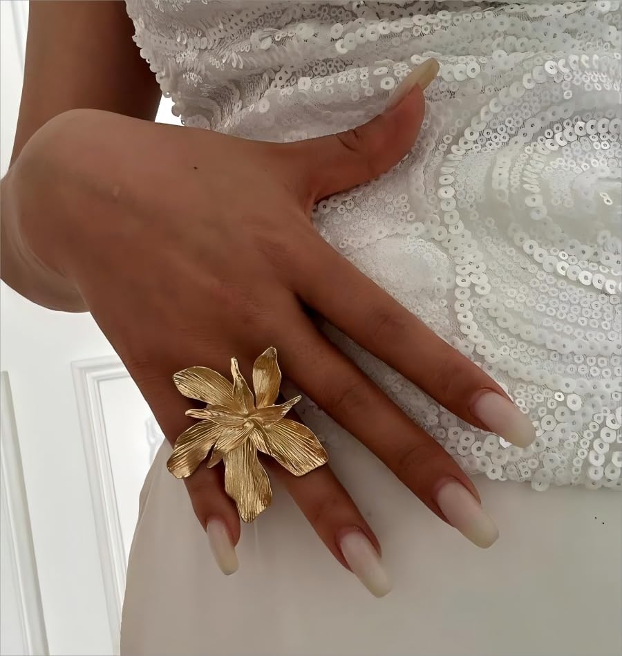 Gold Oversized 3D Floral Adjustable Ring for Women - Bold Statement Jewelry, Luxury Textured Flower Design, Hypoallergenic Alloy - Unique Fashion Accessories,Exaggerated and Stylish - Image 3