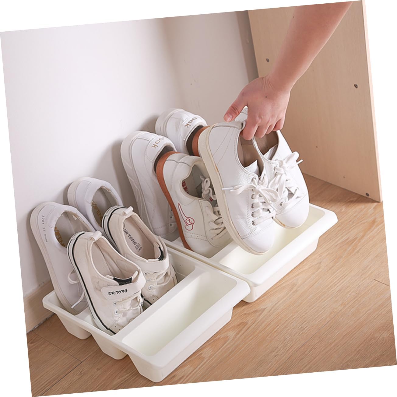 OUNONA Box Creative Upright Shoe Storage Box Simple Plastic Organizer Dustproof Shoe Holder for Home Material Easy to Various White