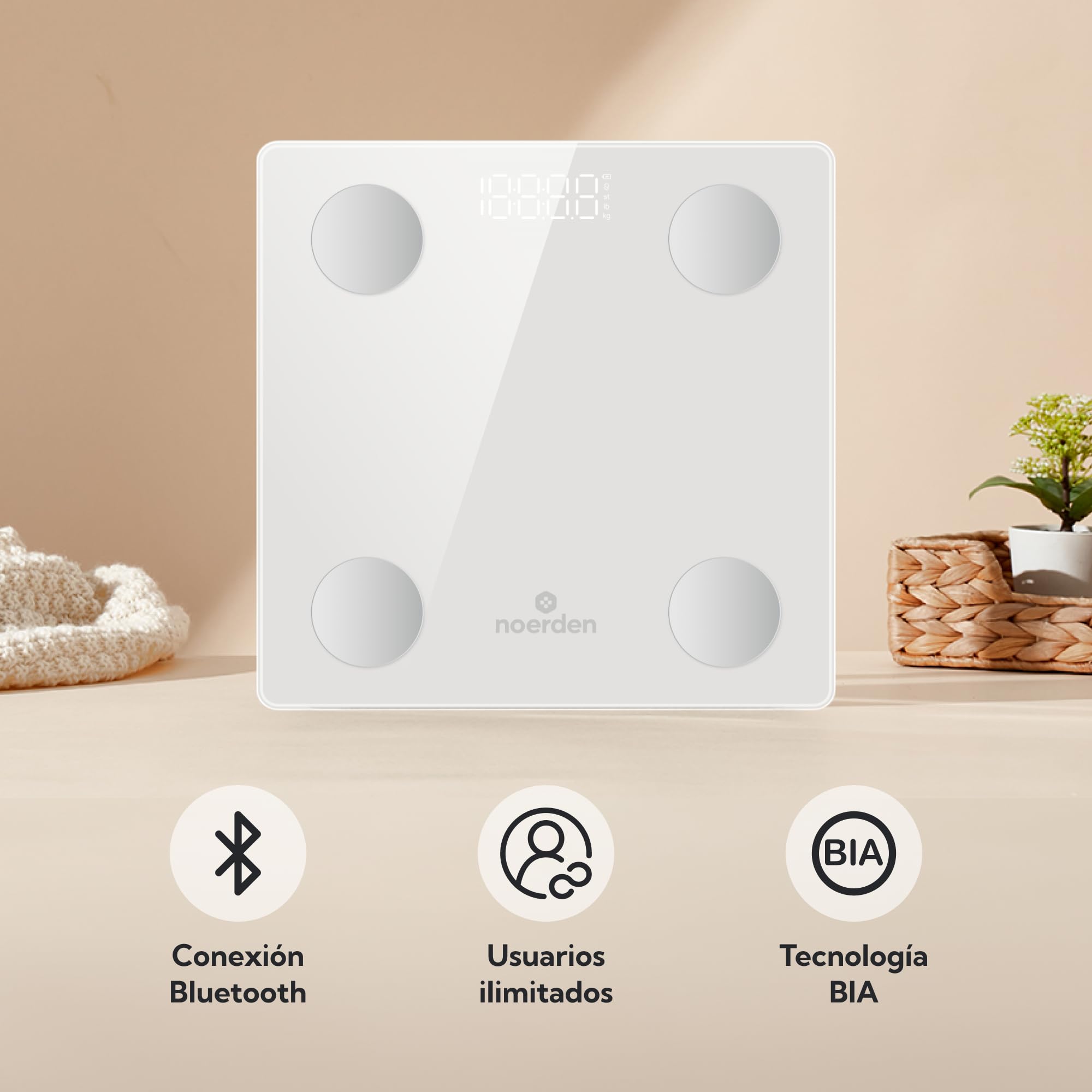 NOERDEN - Báscula Inteligente VITA - Báscula de Peso Corporal - Tecnología Step-On, Bluetooth, Pantalla LED y Vidrio Templado - Analiza 13 Métricas Corporales - Blanco