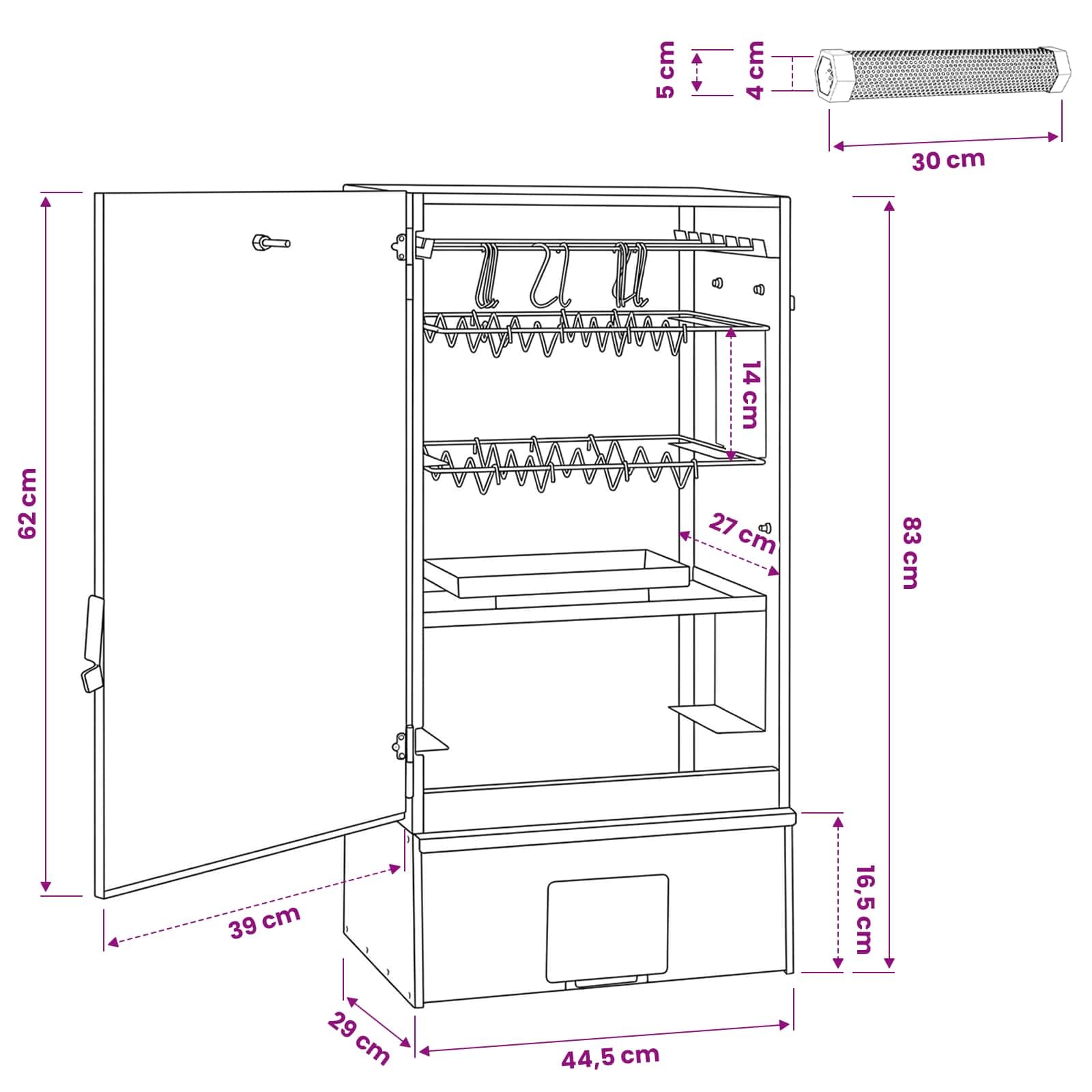Forno affumicatore 3 pezzi 44,5 x 29 x 83 cm in acciaio zincato | Uso esterno, doppio affumicatore a pellet, design moderno argento, facile da pulire