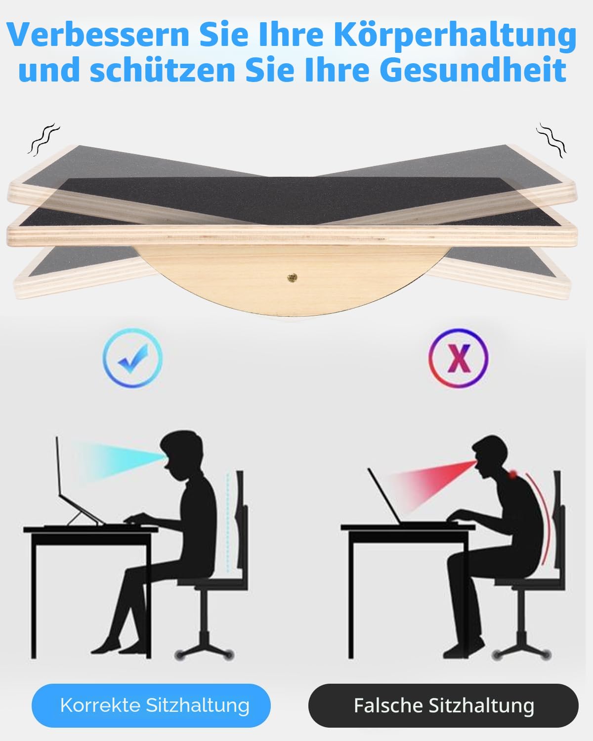 Rutschfestes Balance Board, Balance Board aus Holz für Erwachsene, Gleichgewichtstrainer für das Training der Rumpfmuskulatur, Stabilitätstraining und Dehnübungen für die Beine