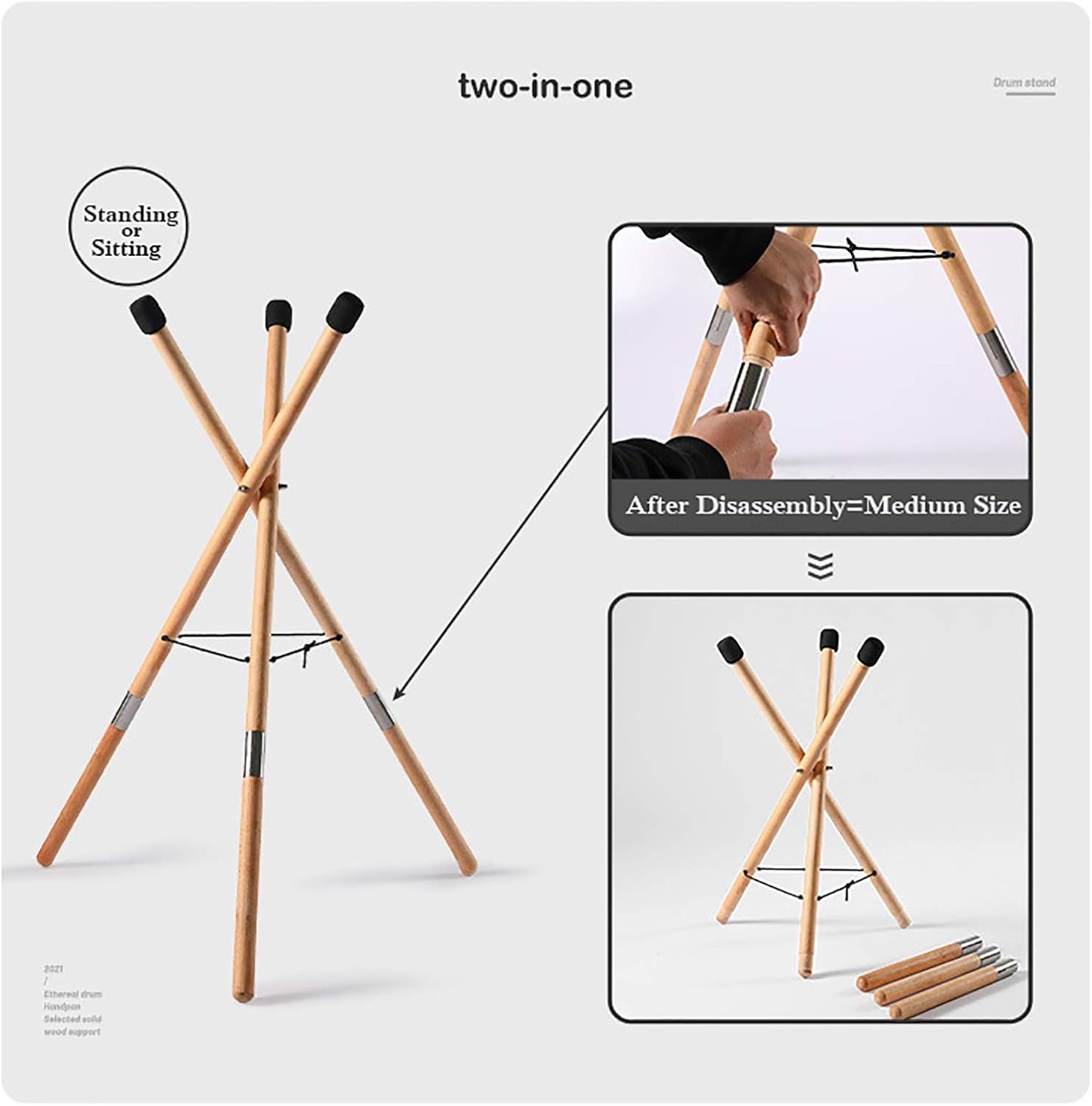 Wooden Steel Tongue Drum Stand, 2 in 1 Removable Handpan Rack, Stand or Sit Playing, Ideal for 10 to 22 Inch Drum Percussion Instrument (Size : Small) image 4