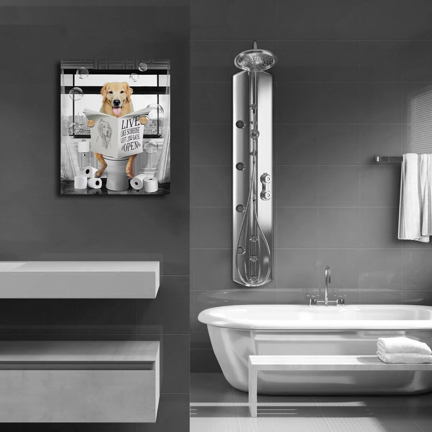 Golden Retriever Canvas Wall Art Black and White Funny Pictures Farmhouse Bathroom Wall Decor Dog Sitting in Toilet Painting for Toilet Bathroom Dog Artwork Framed 16"x20"