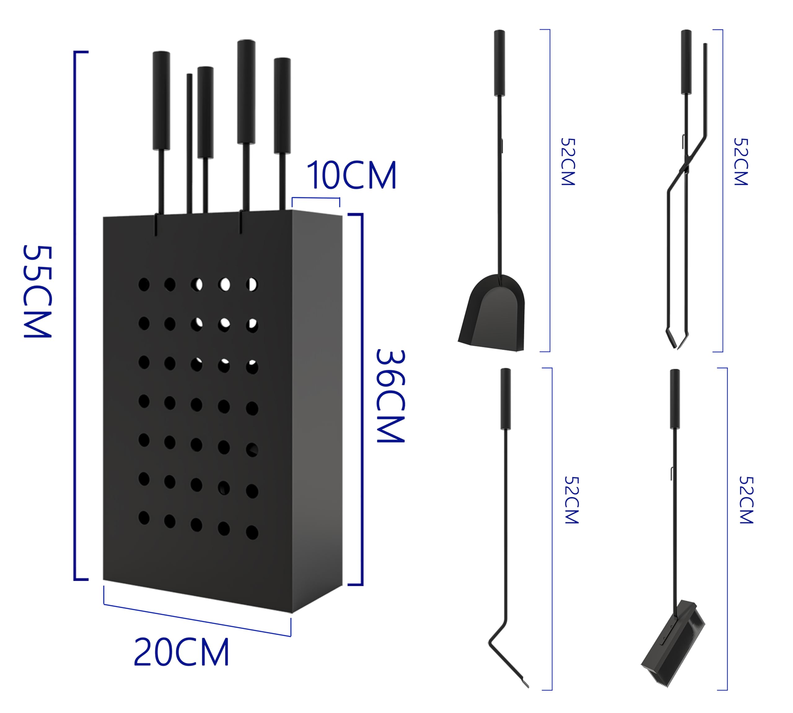 Kingson Ensemble de cheminée en fer noir avec seau à cendres rectangulaire – 4 outils de suspension (tisonnier, brosse, pelle, pince) – Ensemble d'outils de cheminée compact pour poêle à bois