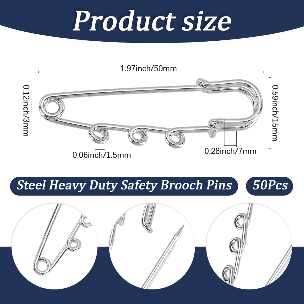 SUNNYCLUE 1 Box 50pcs 2 Inch Safety Pin Brooch Kit Brooch Safety Pins Silver Metal Steel Fastener Loops Large Kilt Pin Brooches with 3 Holes for Hats Skirt Sweater Badge Clothes Jewelry Makings DIY