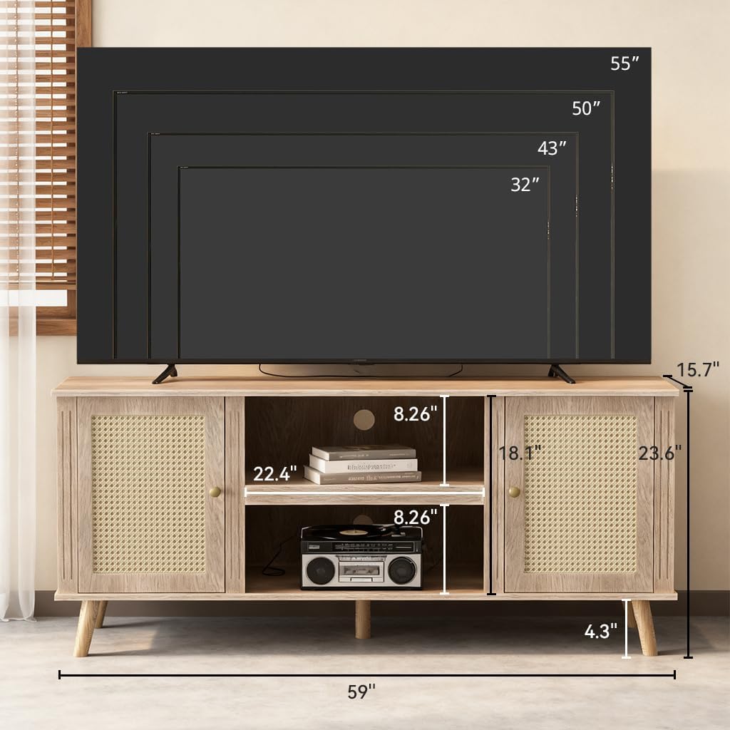 LUCKLIFE Rattan TV Stand for 65 Inch Television with Charging Station,59" Mid Century Modern Entertainment Center, Boho Media Console with Storage Cabinet Open Shelves for Living Room,Natural