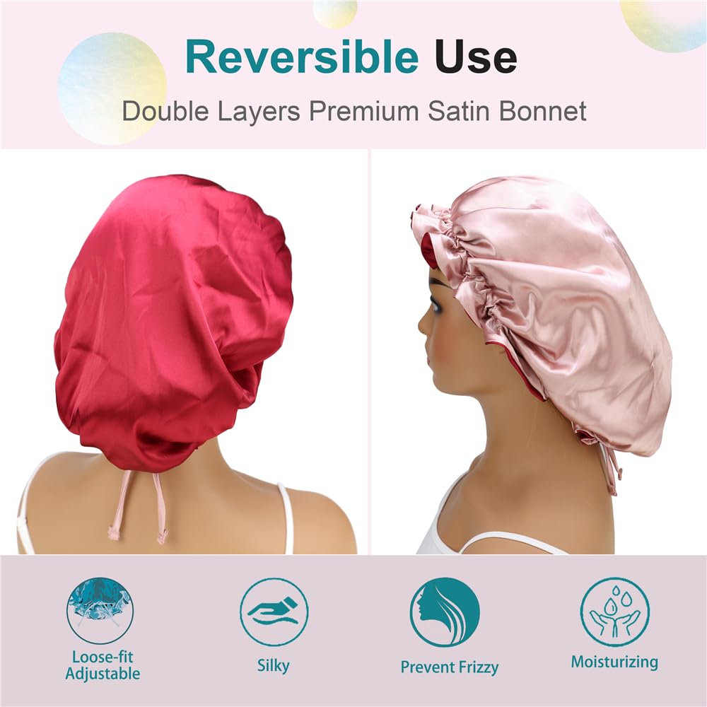 Adjustable Silk Satin Bonnet Hair Care Caps for Women Girls Loose-fitting Reversible Sleeping Cap Shower Caps Hair Wrap Bonnets (001 Wine/Blush) - Image 2
