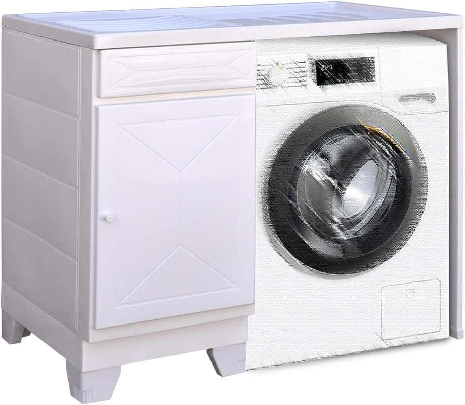 Yellowshop | Mobile lavanderia in resina Top Line – Pilozza con vasca SINISTRA e vano portalavatrice Bianco – Soluzione completa per la lavanderia con lavatrice a carica frontale