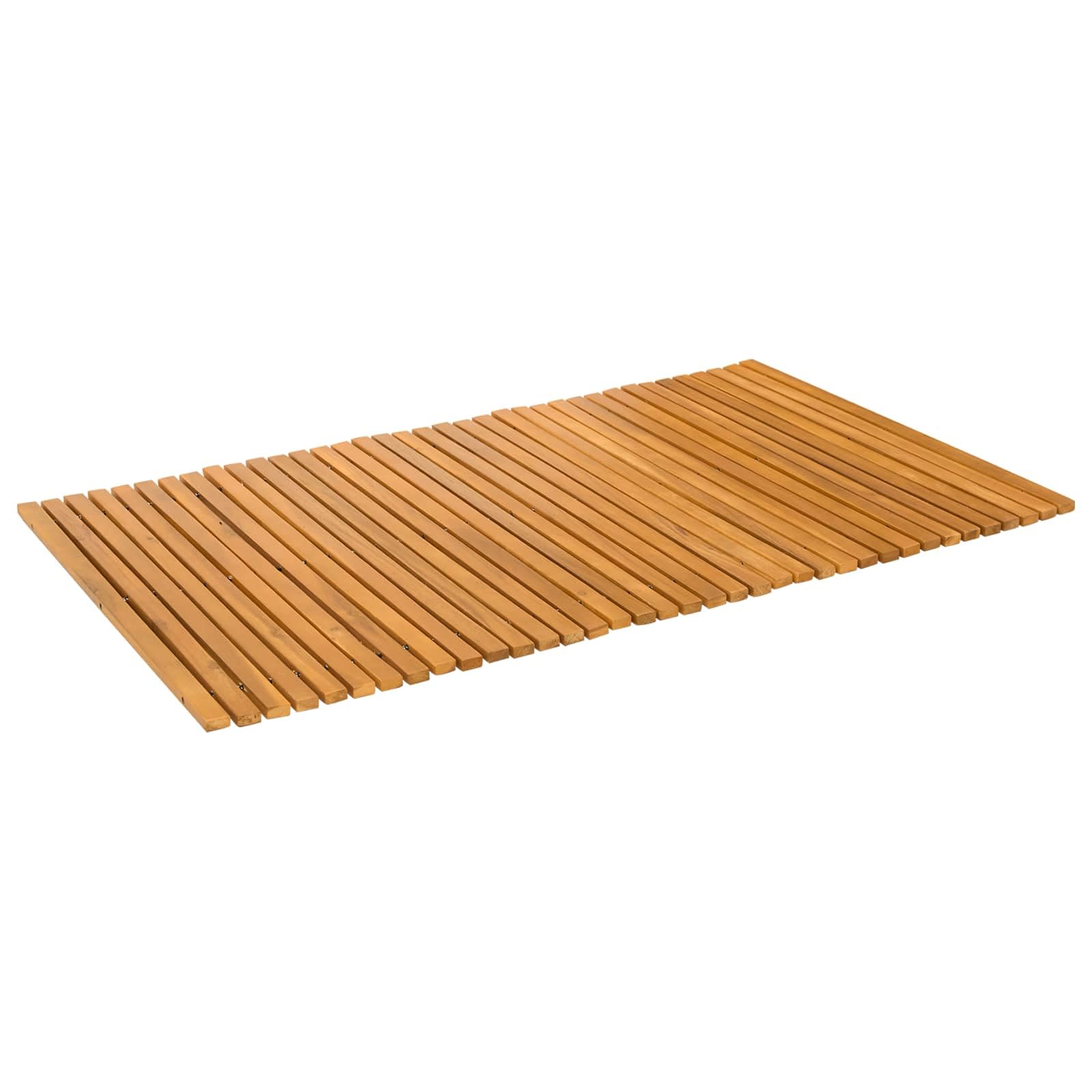 Badematte 100 x 60 cm aus Akazienholz, Duschmatte rutschfest, Holzmatte für Badezimmer und Wellnessbereich, platzsparend rollbar