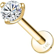 SYLWIA 14K Real Gold Lip Rings Stud, 16g Internally Thread Ashley Piercing Lip Jewelry, Simulated Diamond CZ - 2.5mm 3mm, 18g Nose Conch Helix Tragus Labret Stud for Women Men