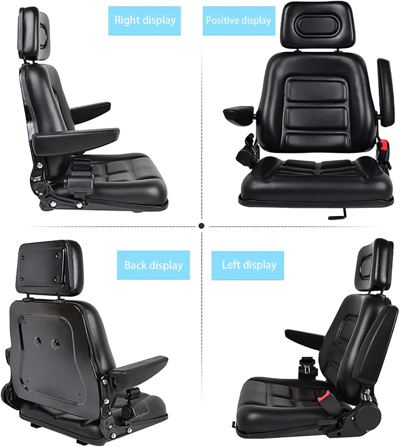 Universal Lawn Mower Seat, Tractor Seat Fold Down with Armrest Headrest Seatbelt, Adjustable Backrest and Slide Rail Waterproof Loader Forklift Seat, for Garden Tractor Bucket Excavator Backhoe Dozer