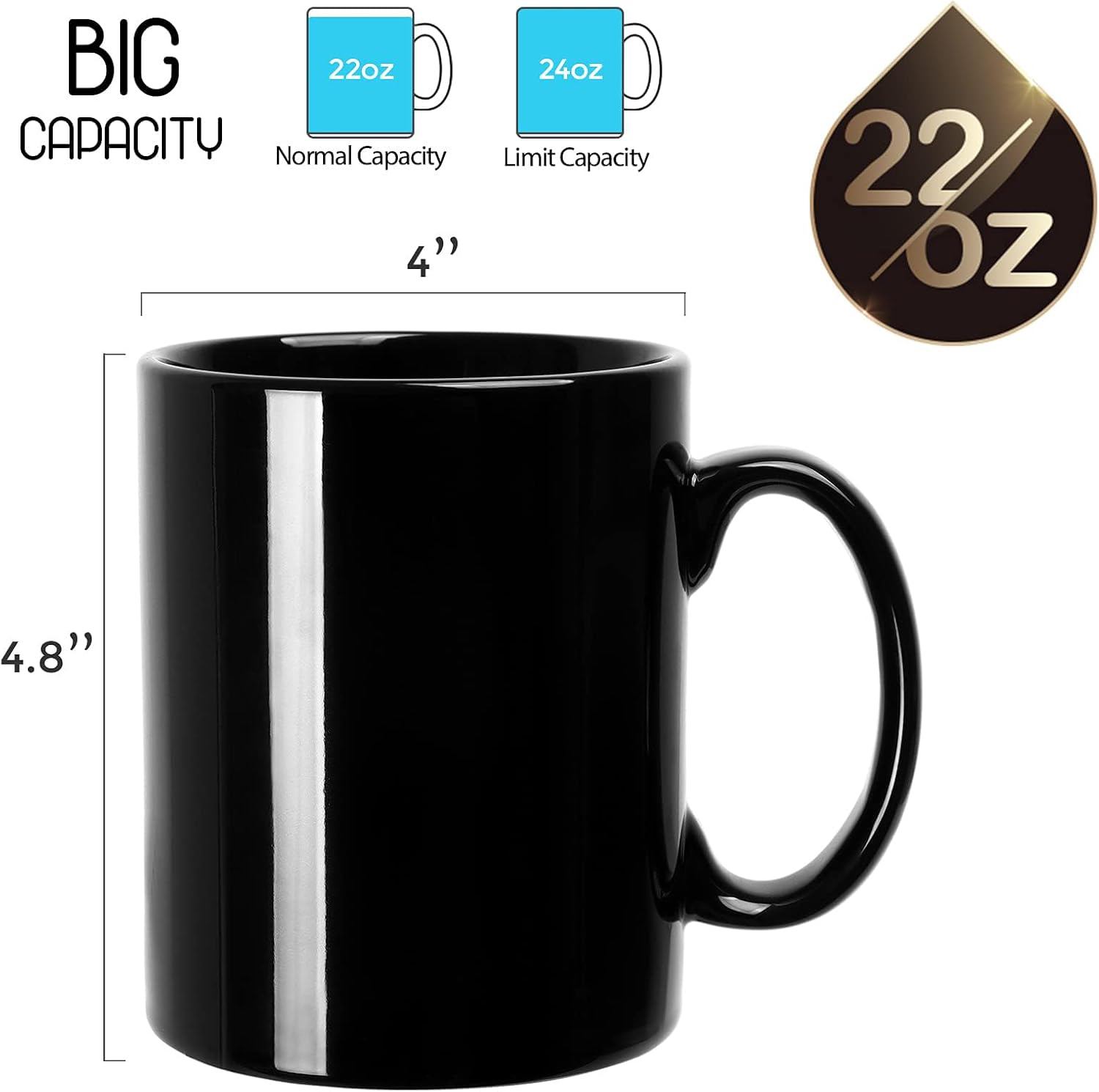 harebe 22 OZ Extra Large Coffee Mug, Smooth Ceramic Boss Giant Tea Cup Big Capacity and Handle for Dad Men, Black - Image 2