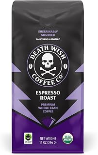 Death Wish Coffee Espresso Roast Whole Bean - Organic Fair Trade Arabica Robusta, Strongest Dark Roast 14oz