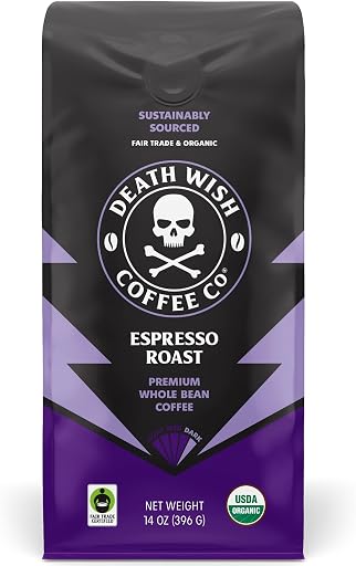 Death Wish Coffee Organic Espresso Roast Whole Bean Coffee, 14 oz | Fair Trade Arabica & Robusta, Baker's Chocolate & Black Cherry Notes, Low Acidity, Full-Bodied & Smooth, Grind Fresh (ASIN B0B8DYLR3Z), rank #10 by monthly sales volume for 'Death Wish' on Amazon