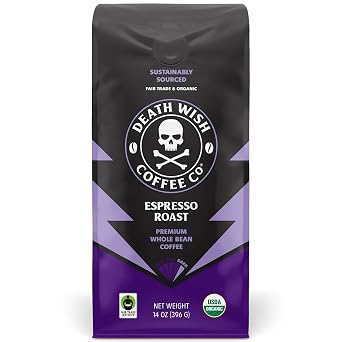 Death Wish Coffee Organic Espresso Roast Whole Bean Coffee, 14 oz