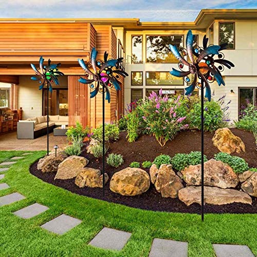 Alladinbox 57 Inch Solar Wind Spinner Blue Metal Garden Decor With Multi Color Changing Led Solar Powered Glass Ball Wind Sculpture Spinner Windmills For Yard Patio Outdoor Decoration #TOP5