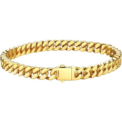 Bestyle Thick Mens Cuban Link Chain Bracelets, Durable Real 18K Gold/Black Metal Plated Solid Stainless Steel Hand Chain Cuban Bracelets for Men, Silver Black Gold Bracelets for Father Husband
