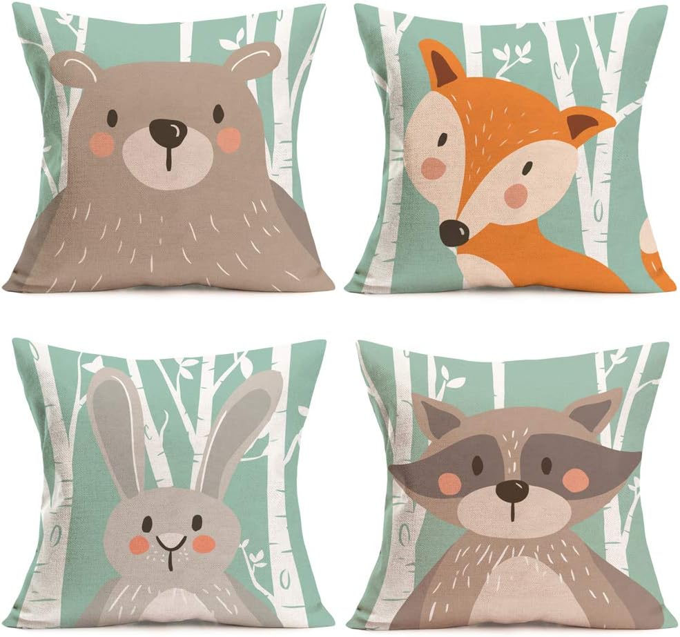 Fukeen Set of 4 Throw Pillow Cases Cartoon Animal Woodland Decorative Cotton Linen Cushion Cover Bear Fox Rabbit Home Baby Room Decor Standard Pillowcase 18x18 Inches