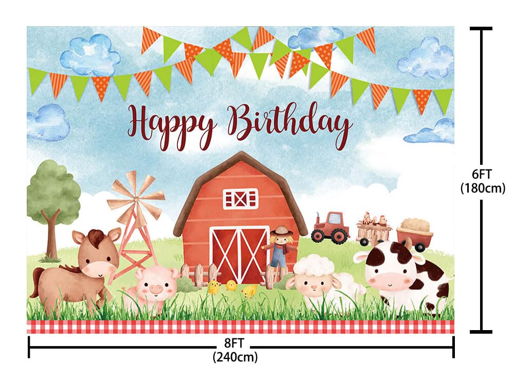AIBIIN 2,4 x 1,8 m Cartoon Farm Compleanno Fotografia Sfondo Rurale Rosso Fienile Animale Verde Prato Bandiera Sfondo Baby Shower Torta Smash Banner Festa Bambini Decorazione Ritratto Foto Puntelli