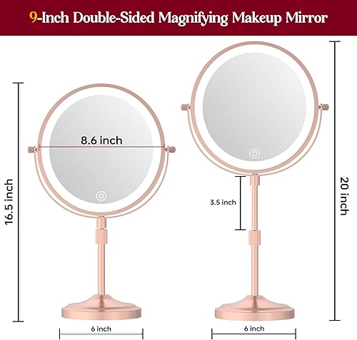 Miniatura 2 de Espejo de maquillaje iluminado con luces y aumento, 10X1X giratorio de 360 de doble cara recargable de 9 pulgadas, espejo cosmético de 3 colores