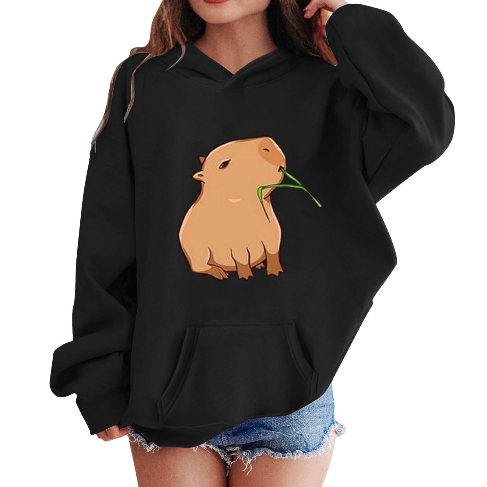 Sudadera Con Capucha Para Niña Estampado Capybara Manga Larga Forro Polar Informal Bolsillo Ropa Invierno Cálida