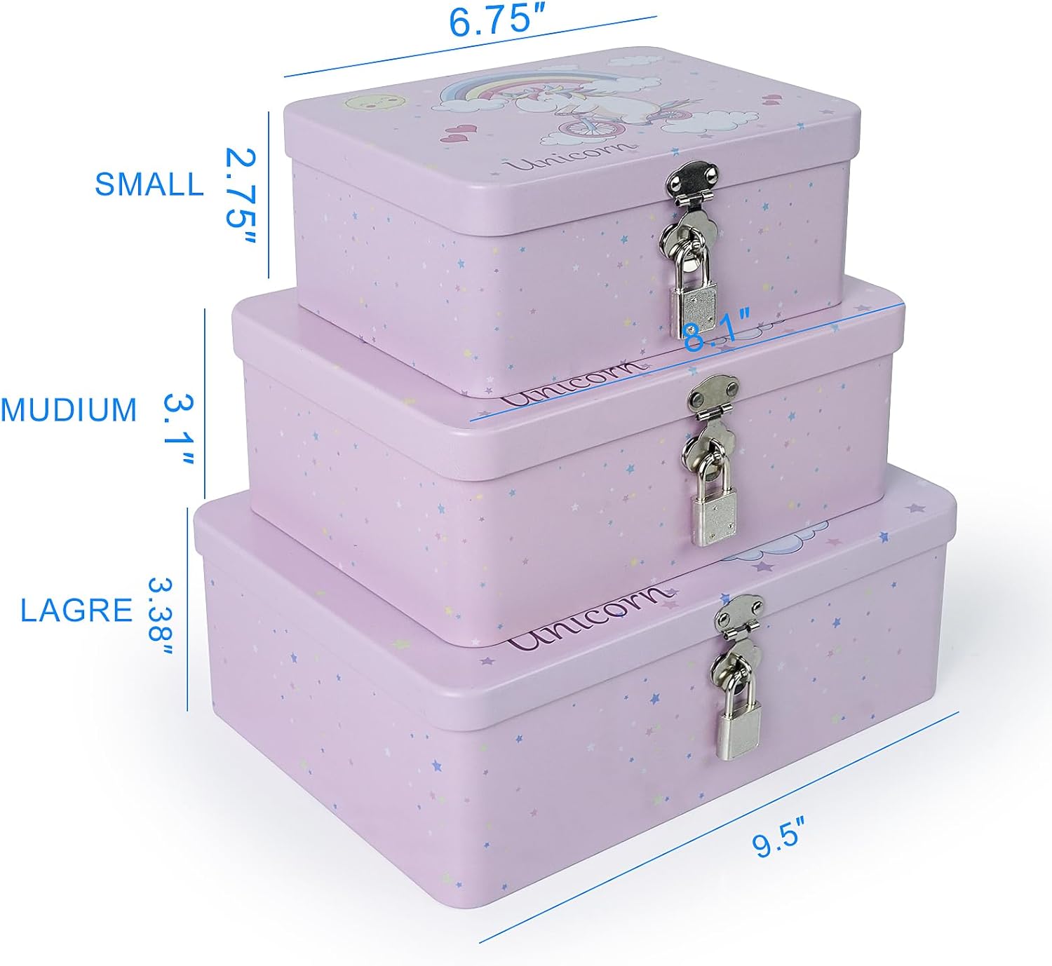 Luwint Metal Box Unicorns Pattern Decoration Storage Box - Pink Metal Thin Art Box Organizer with Lock, Ideal Gift for Friends Mother Father (3 Pieces/Large Medium Small)
