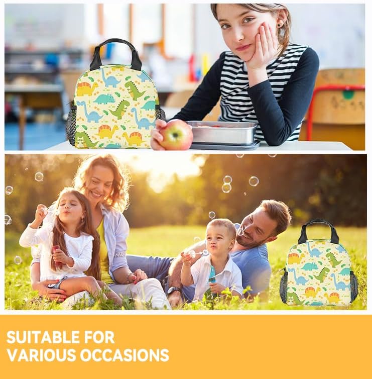 Miniatura 2 de Lonchera de dinosaurio para niños, lonchera aislada para niñas y niños, colorida bolsa de almuerzo reutilizable, pequeña con bolsillos, bolsa de