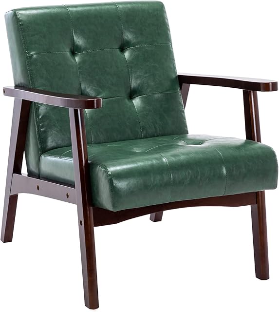 HomeMiYN Mid-Century Armchairs Retro Tufted Faux Leather Accent Chair with Wood Arms Vintage Upholstered Club Chair for Living Room Bedroom (Classic, Green)
