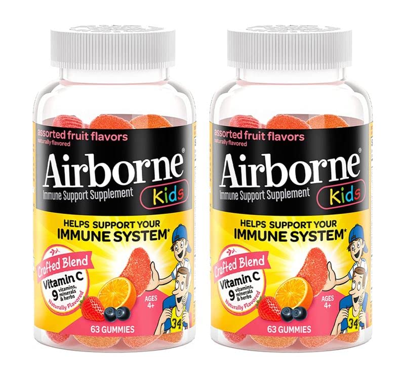Airborne Kids 500mg Vitamin C Gummies, Kids Immune Support Zinc Gummies with Powerful Antioxidants VIT C & E - 63 Gummies, Assorted Fruit Flavor (Pack of 2)