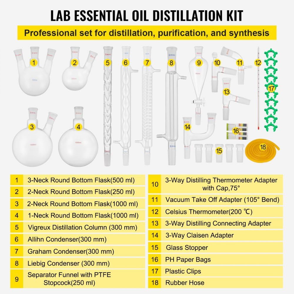 Labor-Destillationsset, 32-teiliges Set Glaswaren-Lehrmittel-Set Mit 24/40-Verbindung, 1000 Ml Ätherisches Öl-Geräteset Für Lehrmittel-Set
