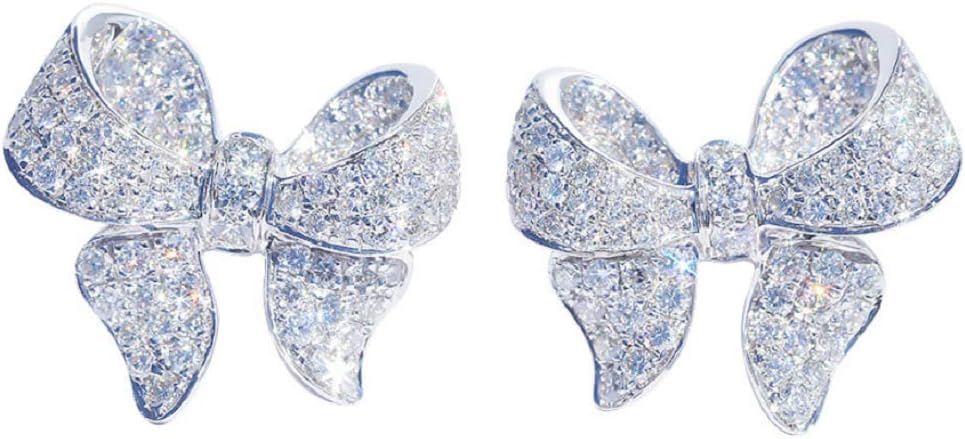 Cute Bow Knot Stud Earrings 925 Sterling Silver Cubic Zirconia CZ Simulated Diamond Small Cute Bow Tie Earrings Jewelry