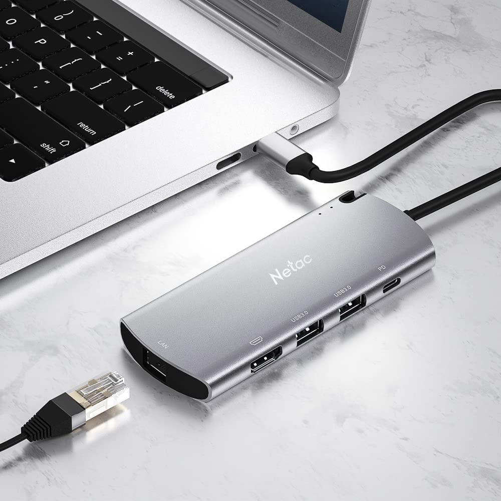 Netac Aluminiowa obudowa do M.2 SATA 6 w 1 - wejście (1xUSB-C, 1xPD Recharge), wyjście (2xUSB3.0-A, 1xHDMI, 1xRJ45, 1xM.2 SATA)
