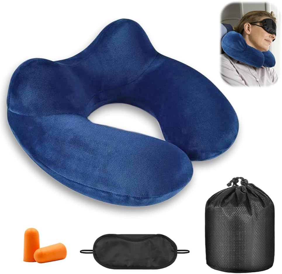 Inflatable Travel Pillow, Inflatable Travel Pillow Neck Pillow Kits, Ergonomic Soft Velvet Washable Pillowcase with Ear Plug Eye Mas Bag for Travel Train Car Office(Navy Blue)