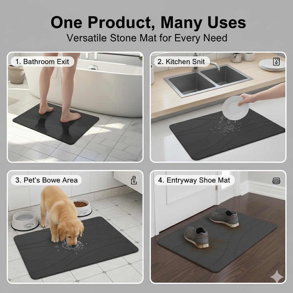 Dark Gray Stone Bath Mat – Quick Dry Diatomaceous Earth Bathroom Mat, Non-Slip & Absorbent Fast Drying Floor Mat, Easy to Clean, Modern Spa-Style Shower Mat - Image 3