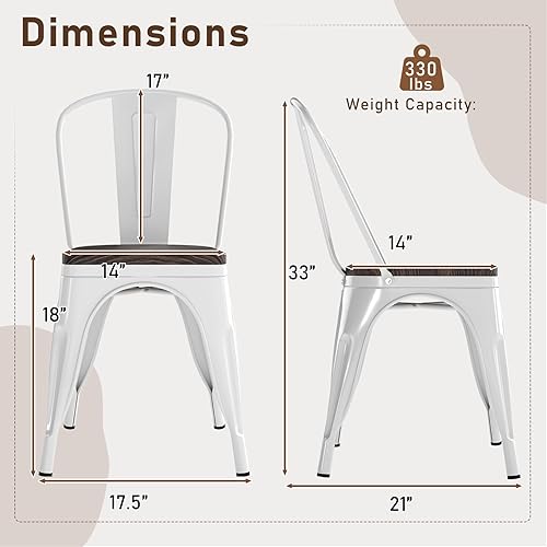 Miniatura 3 de COSTWAY Tolix - Sillas de comedor estilo industrial, apilables, de metal, con asiento de madera, juego de 4 (color blanco y marrón) Blanco y
