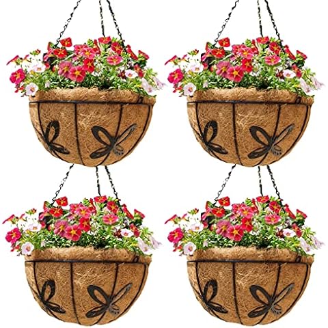 EIMQUVW Outdoor Metal Hanging Planters Basket (4pack, 12 inch) Hanging Baskets for Plants Chain Round Wire Plant Holder with Coco Fiber Liners for Garden, Patio, Deck, Porch(Butterfly) Cover