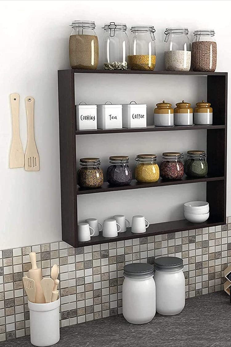 Wall Mounted Racks, Organizer, Shelf for Kitchen Storage Boxes Wooden Wall Shelf Containers Kitchen Rack (Wood, Brown)