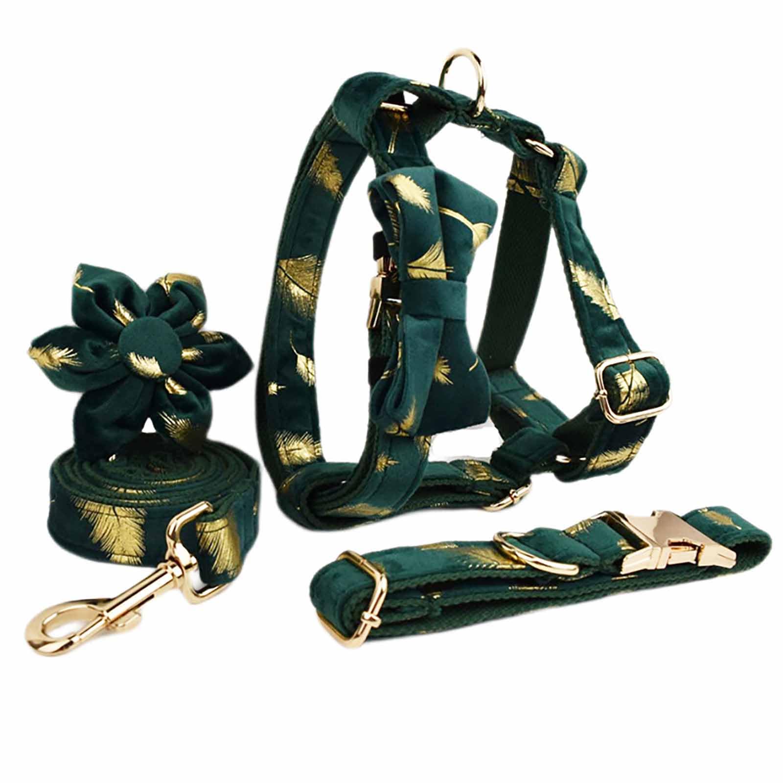 UOSIA Wedding Dog Collar Harness & Leash Set White Girl Dog Collar with Flower Luxury Metal Buckle Dog Collar Soft Dog Vest Harness for Birthday Party