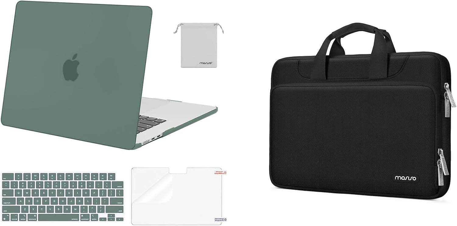 MOSISO Compatible with MacBook Air 15 inch Case M4 M3 M2 2025-2023 Release A3241 A3114 A2941, Plastic Hard Shell Case&Keyboard Cover&Screen Protector&Storage Bag&Sleeve with Belt, Emerald Green&Black