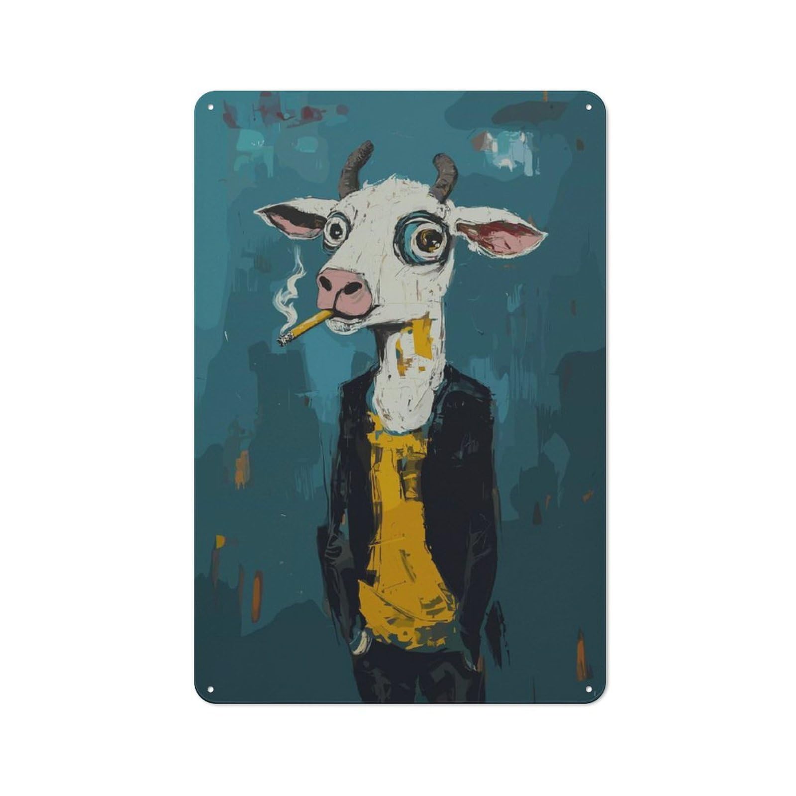 Junmoney Cool Cow With Cigarette Simple Retro Metal Wall Plaque 30X20cm, Studio Wall Plaque For Hobby Room, Office, Lounge Or Living Room