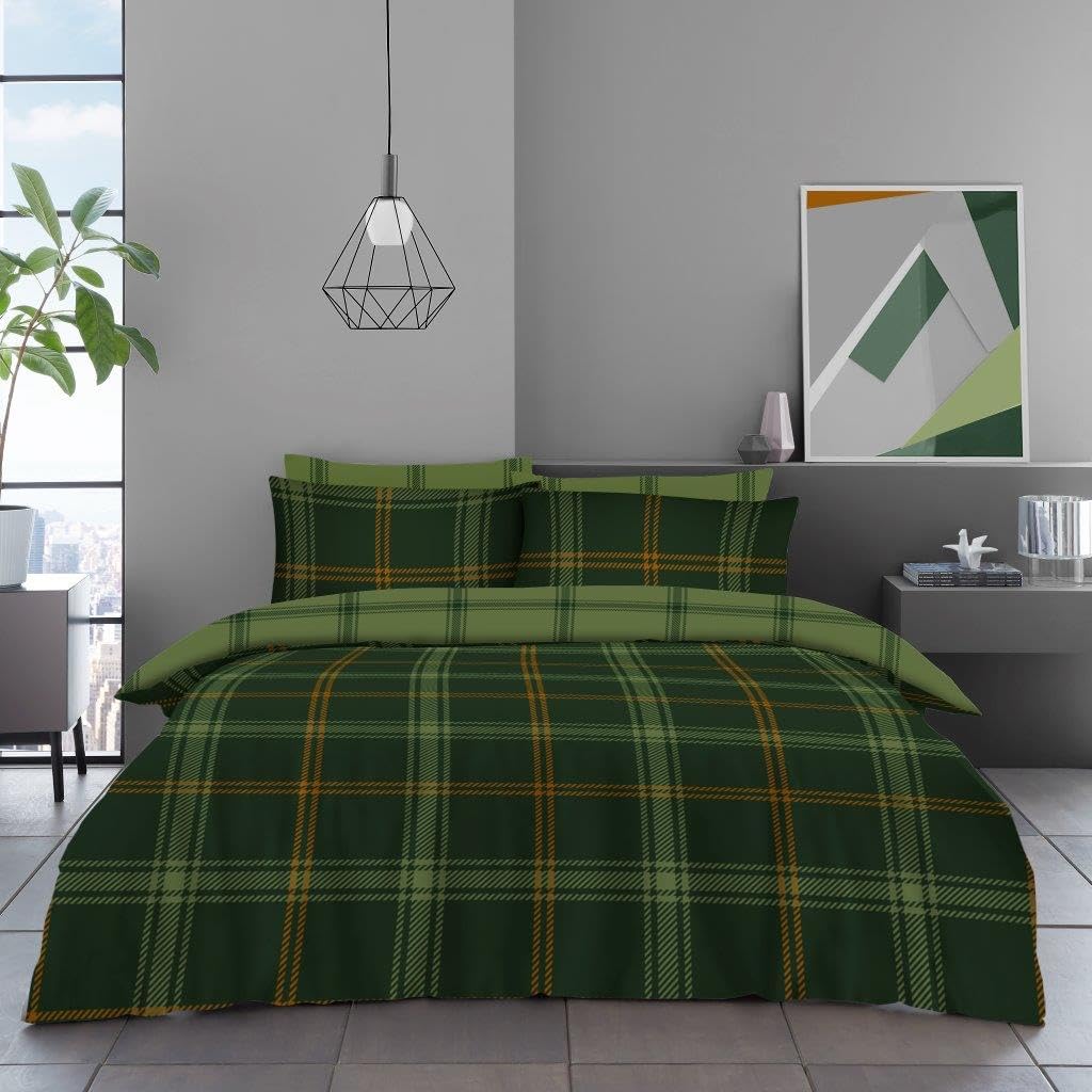 Artistic Fashionista Limited Easy Care Cotton Rich Printed Reversible Complete Bedding Set, Duvet Quilt Cover with Matching Fitted sheet & Pillowcases Bed Linen Set (Forest Check, Single)