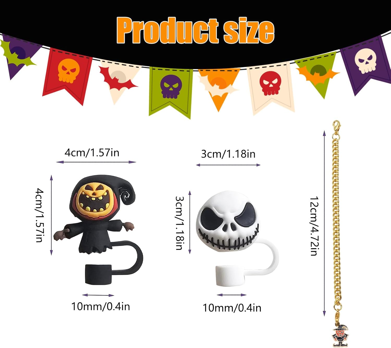 4 pcs Halloween Cute Silicone Straw Topper 10mm for Stanley Cups,Halloween Charms Chain for Stanley Tumbler with Handle,Stanley Cup Accessories (Ghostface+Scarecrow) - Image 2
