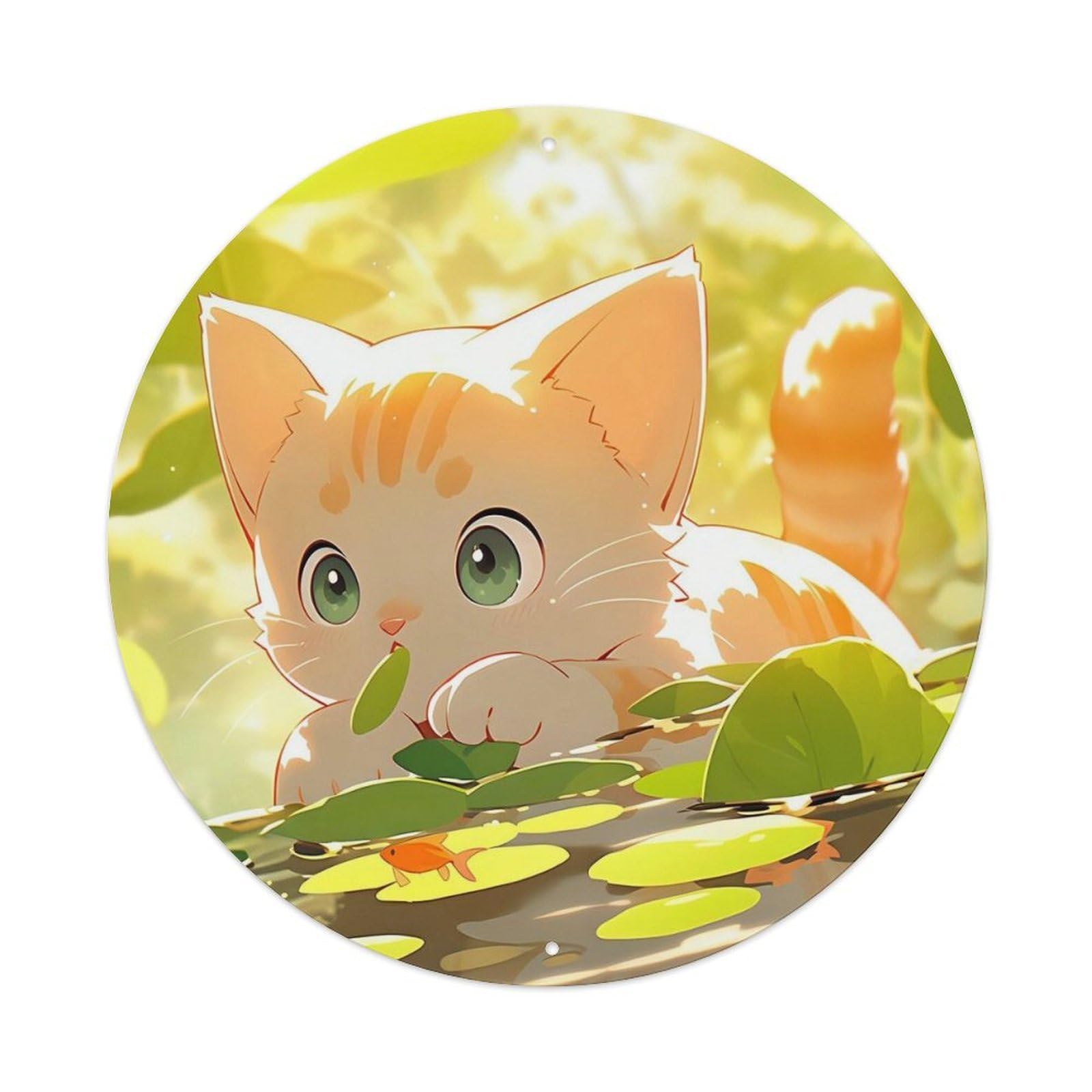 Cute Kitten Animal Artwork Vintage Metal Tin Sign Plaque Wall Decor for Cafe, Club, Garden Round Metal Poster 8x8Inch