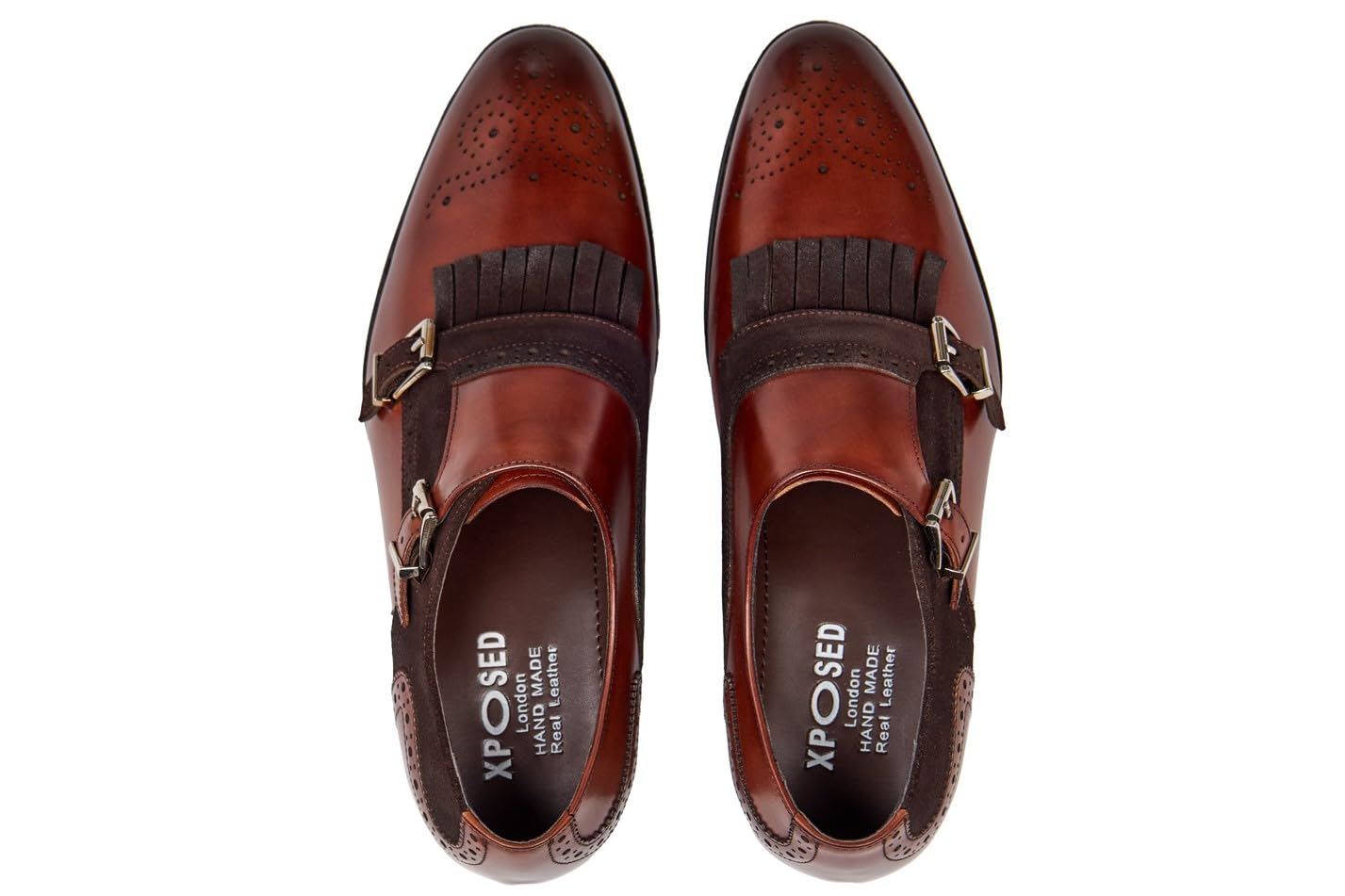 Zapatos de Hombre de Piel auténtica y Ante Hechos a Mano con Flecos y Doble Hebilla Brogue con Suela Dentada